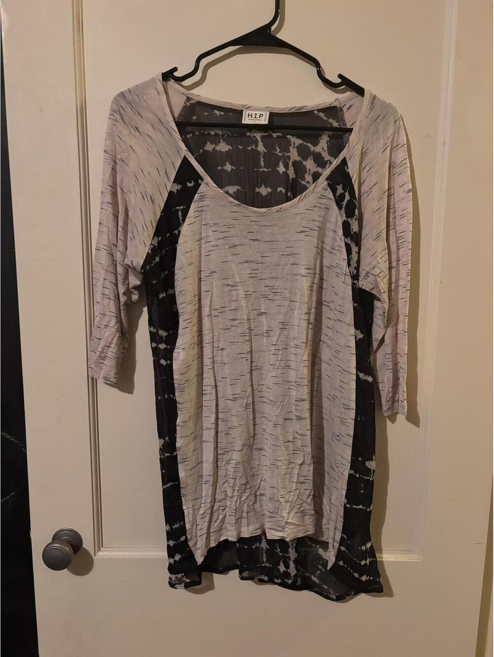 H.I.P. Black and Cream Tie-Dye 3/4 Sleeve Tunic Top